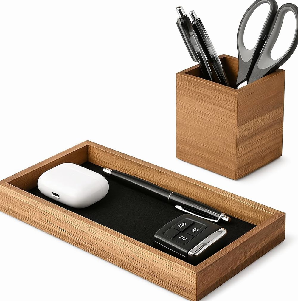 Wooden Desk Organizer Tray & Pen Holder